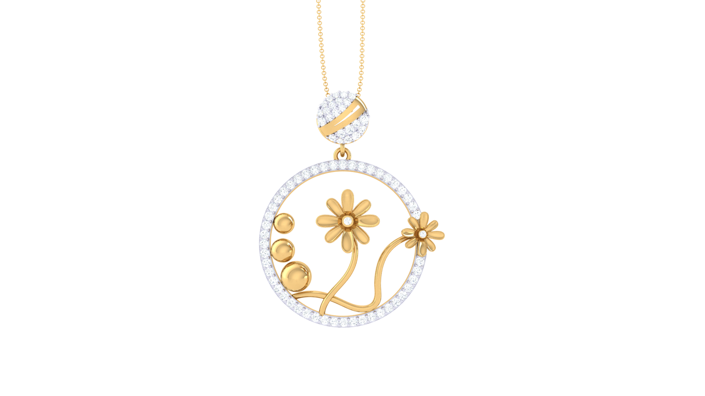 Blooming Floral Motif Gold Pendant - 0.89 Ct Round Diamonds