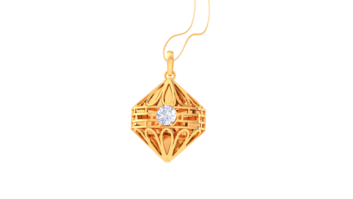 Ornate Geometry Pendant in Sculpted Gold - 0.59 Ct Round Cut Diamond