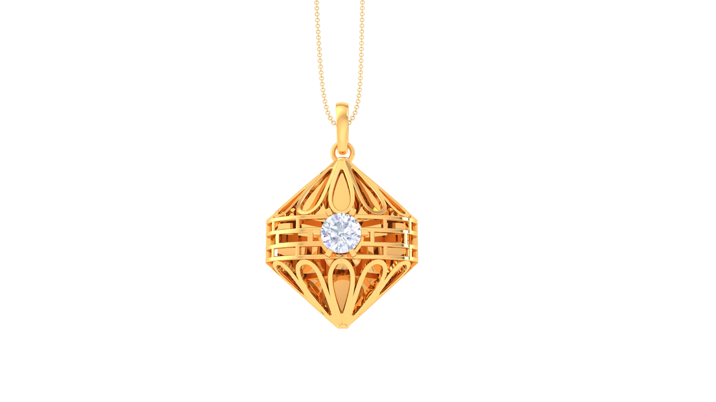 Ornate Geometry Pendant in Sculpted Gold - 0.59 Ct Round Cut Diamond