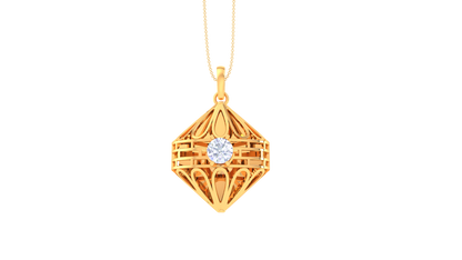 Ornate Geometry Pendant in Sculpted Gold - 0.59 Ct Round Cut Diamond