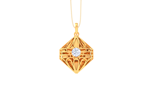 Ornate Geometry Pendant in Sculpted Gold - 0.59 Ct Round Cut Diamond