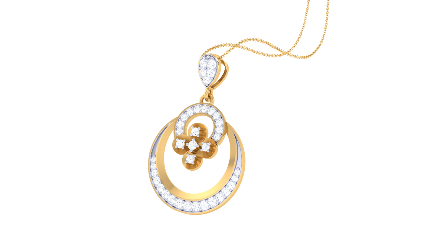 Teardrop & Floral Motif Pendant In Gold – 0.28 Ct Diamond Accents