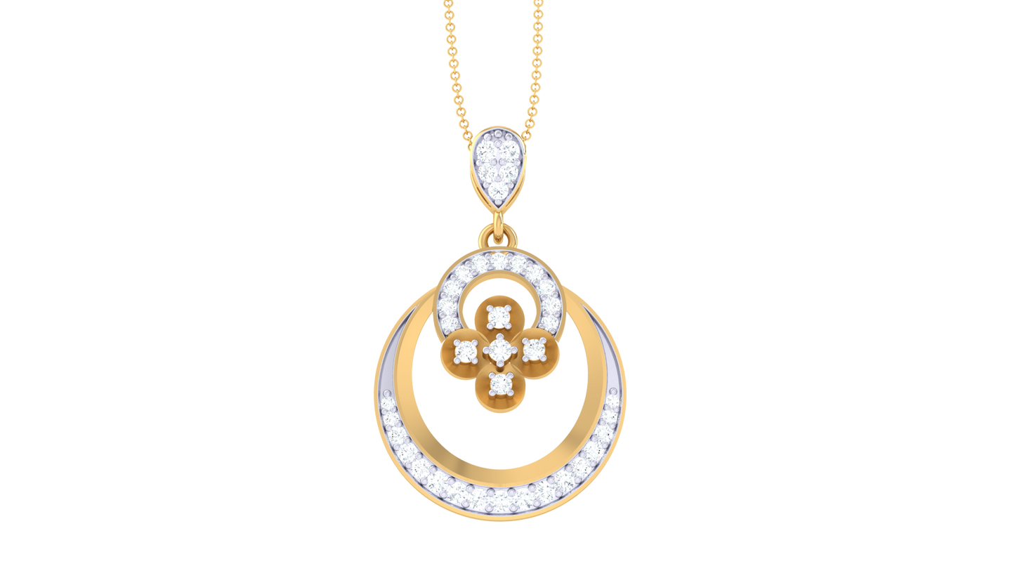 Teardrop & Floral Motif Pendant In Gold – 0.28 Ct Diamond Accents