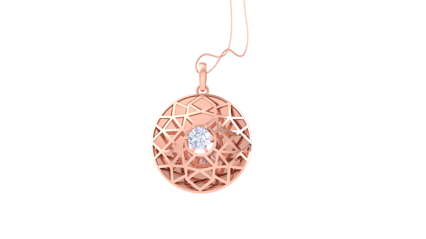 Geometric Lattice Circle Pendant in Rose Gold - 0.59 Ct Brilliant Cut Diamond Centerpiece