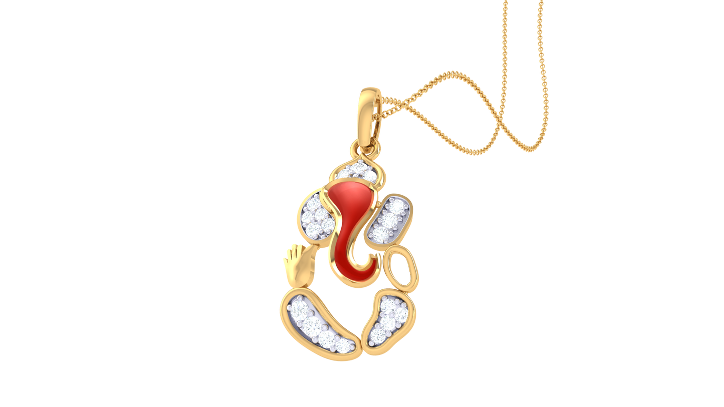 Divine Shri Ganesha Gold Pendant - 0.11 Ct Diamond Accents & Red Enamel Detailing