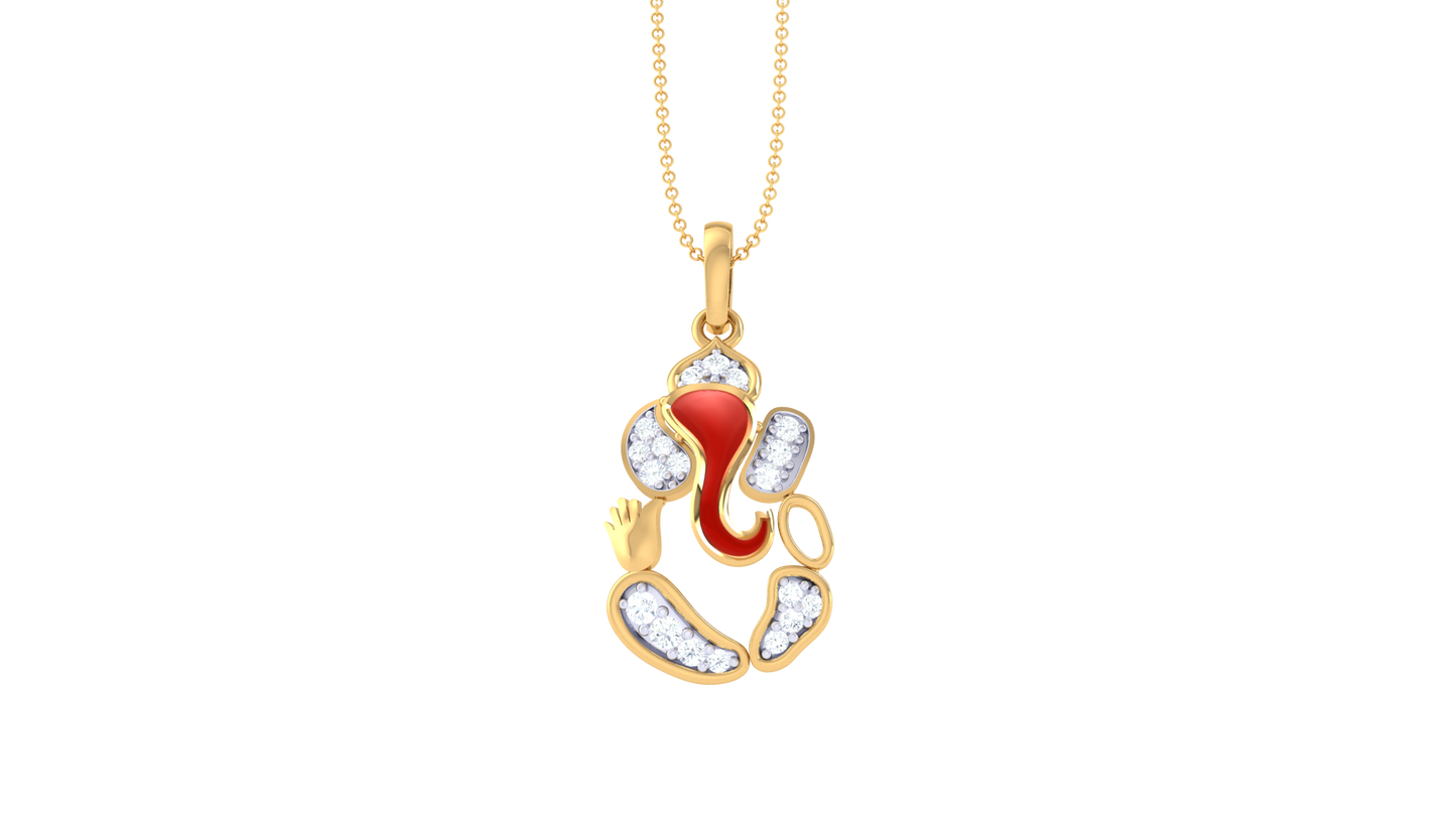 Divine Shri Ganesha Gold Pendant - 0.11 Ct Diamond Accents & Red Enamel Detailing