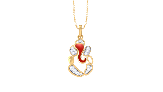 Divine Shri Ganesha Gold Pendant - 0.11 Ct Diamond Accents & Red Enamel Detailing