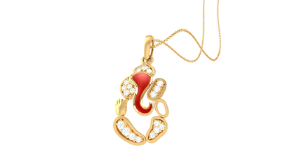 Divine Shri Ganesha Gold Pendant - 0.11 Ct Diamond Accents & Red Enamel Detailing