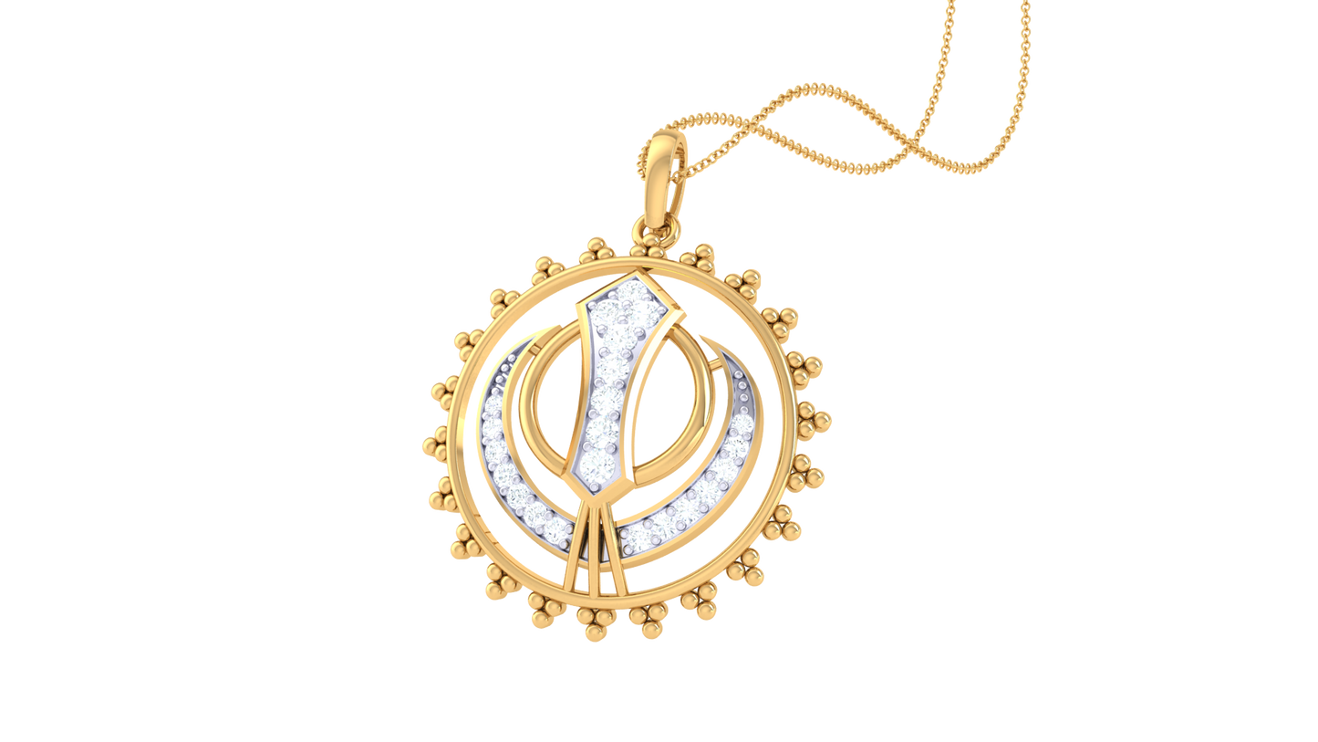 Sikh Khanda Emblem Gold Pendant - 0.19 Ct Round Diamond Accents