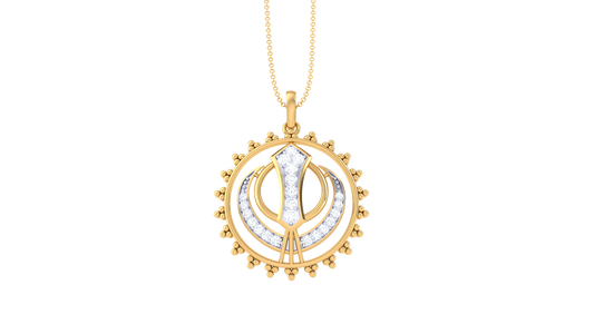 Sikh Khanda Emblem Gold Pendant - 0.19 Ct Round Diamond Accents