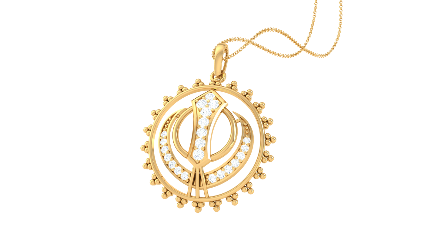 Sikh Khanda Emblem Gold Pendant - 0.19 Ct Round Diamond Accents