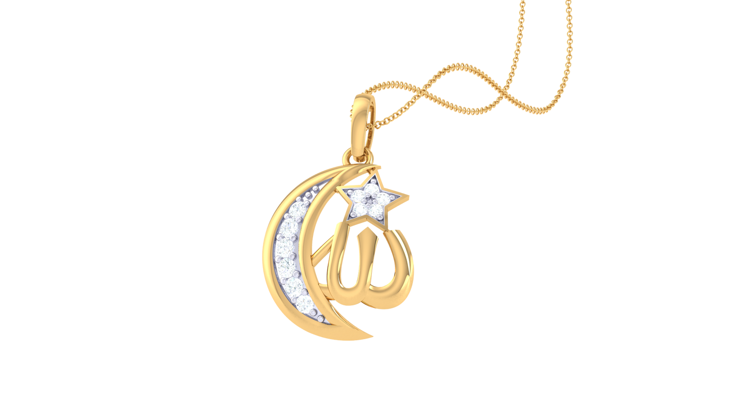 Crescent Moon & Allah Calligraphy Pendant In Gold - 0.10 Ct Diamonds