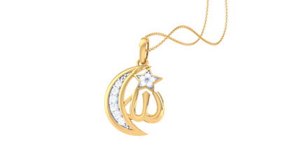Crescent Moon & Allah Calligraphy Pendant In Gold - 0.10 Ct Diamonds