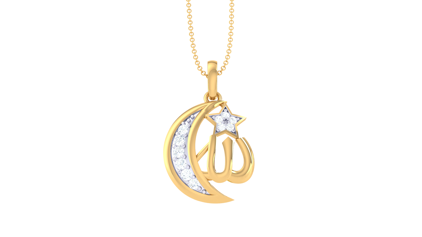 Crescent Moon & Allah Calligraphy Pendant In Gold - 0.10 Ct Diamonds