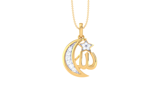 Crescent Moon & Allah Calligraphy Pendant In Gold - 0.10 Ct Diamonds