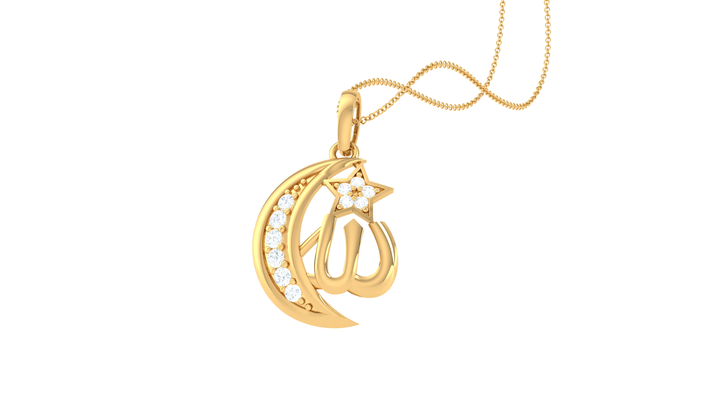 Crescent Moon & Allah Calligraphy Pendant In Gold - 0.10 Ct Diamonds