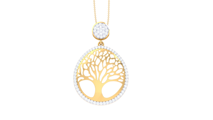 Tree of Life Oval Pendant In Gold - 0.79 Ct Diamond Halo