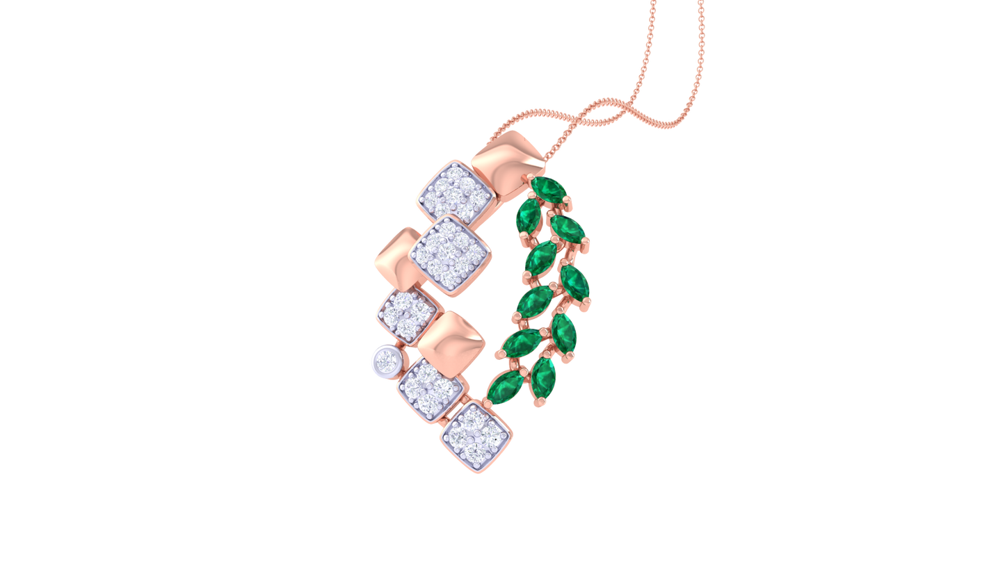 Emerald Leaf and Mosaic Pendant In Gold – 0.26 Ct Brilliant Cut Diamonds
