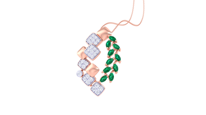 Emerald Leaf and Mosaic Pendant In Gold – 0.26 Ct Brilliant Cut Diamonds