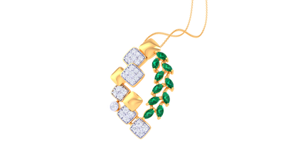 Emerald Leaf and Mosaic Pendant In Gold – 0.26 Ct Brilliant Cut Diamonds