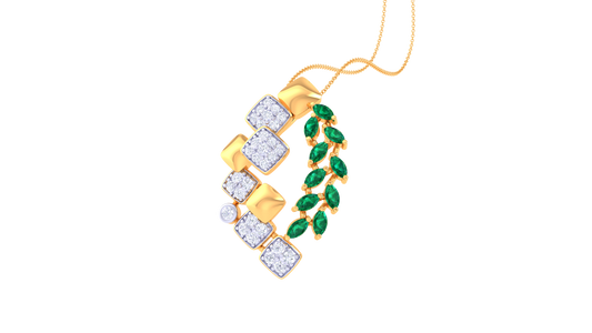 Emerald Leaf and Mosaic Pendant In Gold – 0.26 Ct Brilliant Cut Diamonds