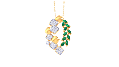 Emerald Leaf and Mosaic Pendant In Gold – 0.26 Ct Brilliant Cut Diamonds