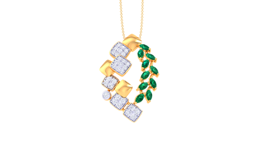Emerald Leaf and Mosaic Pendant In Gold – 0.26 Ct Brilliant Cut Diamonds