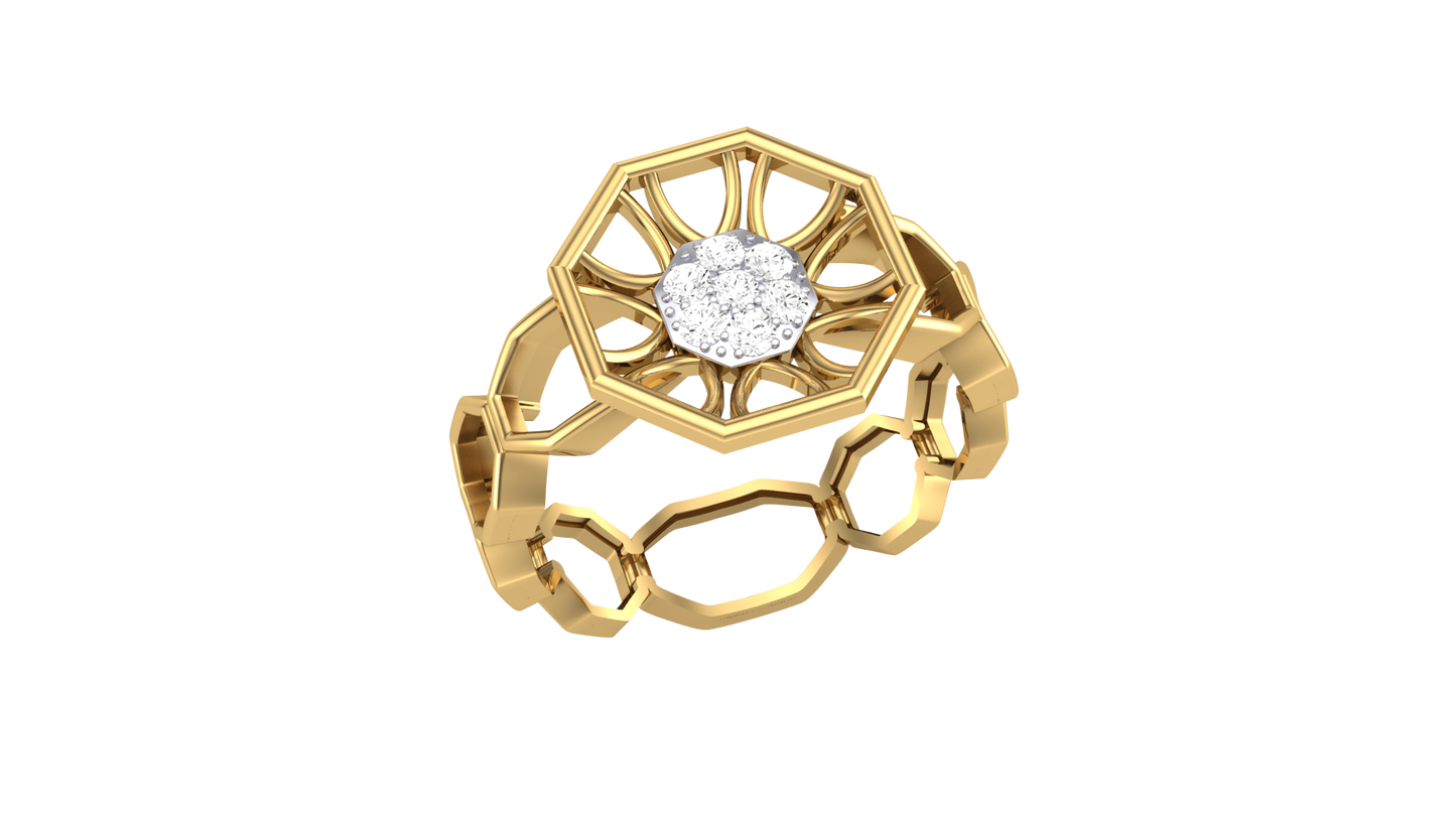 Fleuron Hexa Radiant - 0.11 Ct Round Diamond Ring in Sculpted Gold