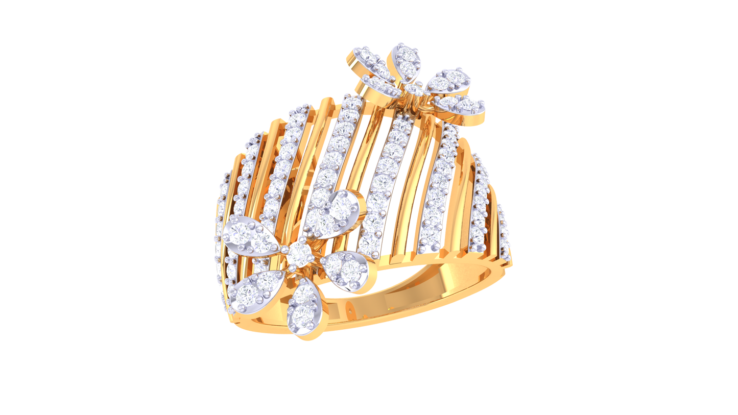 Iconique Floral Stripe Gold Ring - 0.72 Ct Sparking Diamond Petals