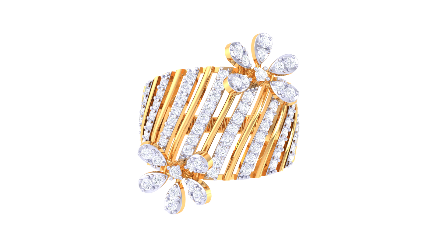 Iconique Floral Stripe Gold Ring - 0.72 Ct Sparking Diamond Petals