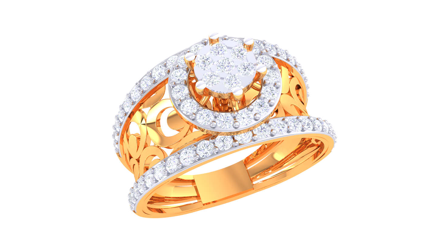 Éclat Filigrane Luminary Gold Ring – 0.67 Ct Bold Round Diamond Cluster