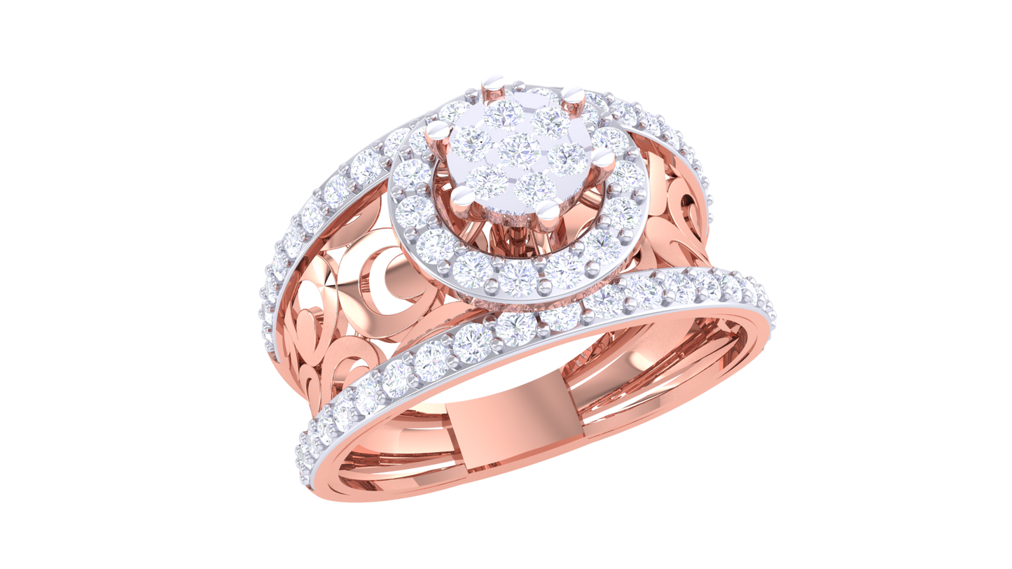 Éclat Filigrane Luminary Gold Ring – 0.67 Ct Bold Round Diamond Cluster