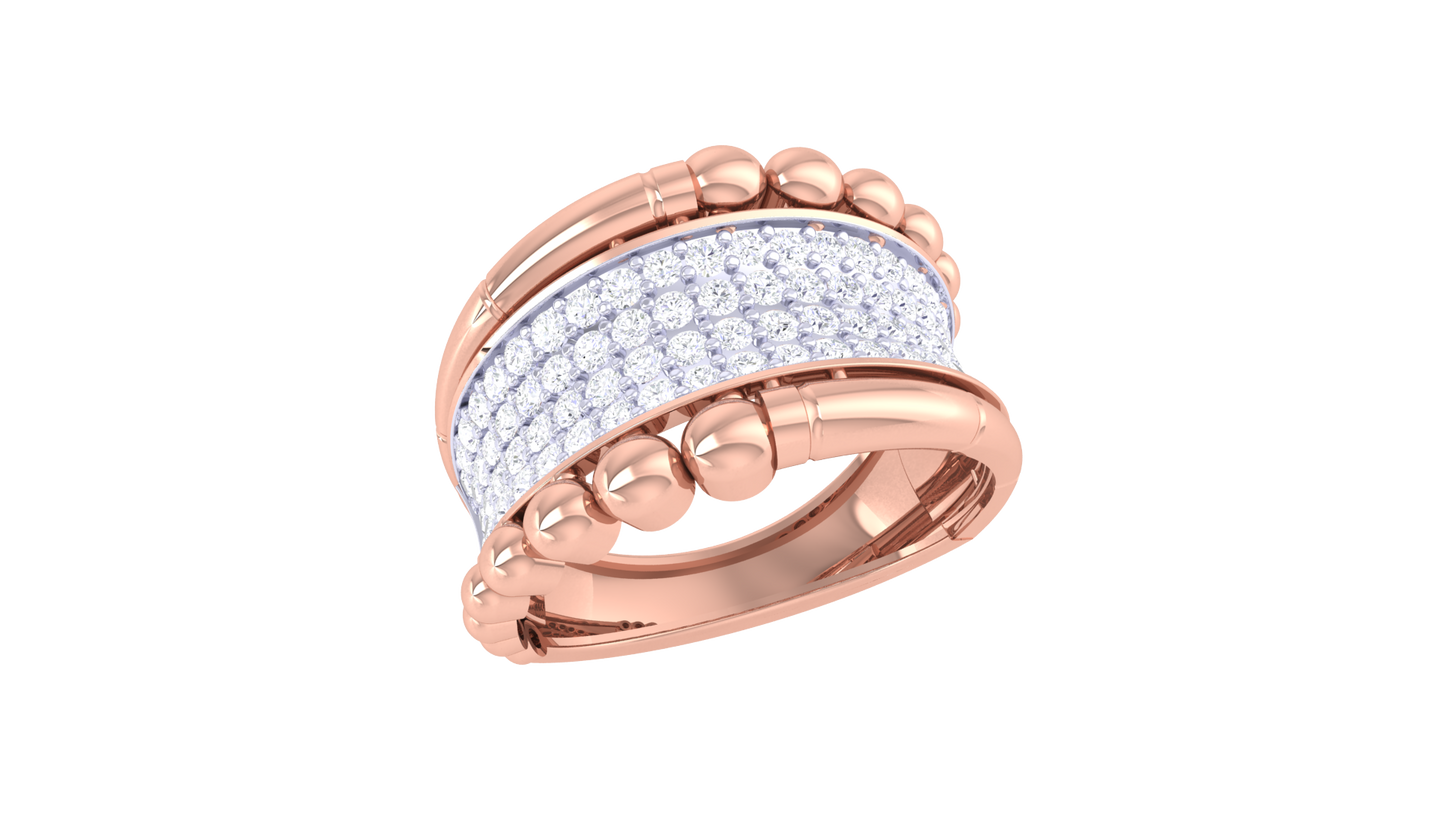 Lumiere Rose Gold Beaded Band Ring With 0.68 Ct Round Diamonds – Textured Luxury and Radiant Rows