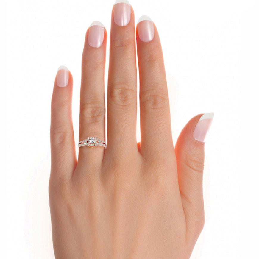 Lumière Beautiful Light Band- 1.00 Ct Princess-Cut Split-Shank Halo with Baguette Accents Diamond Gold Ring