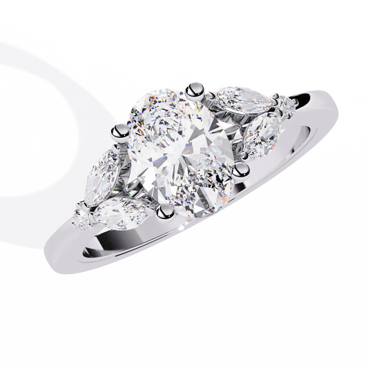 Oval Diamond Engagement Ring with Marquise Side Stones In Gold - 1.37 Ct