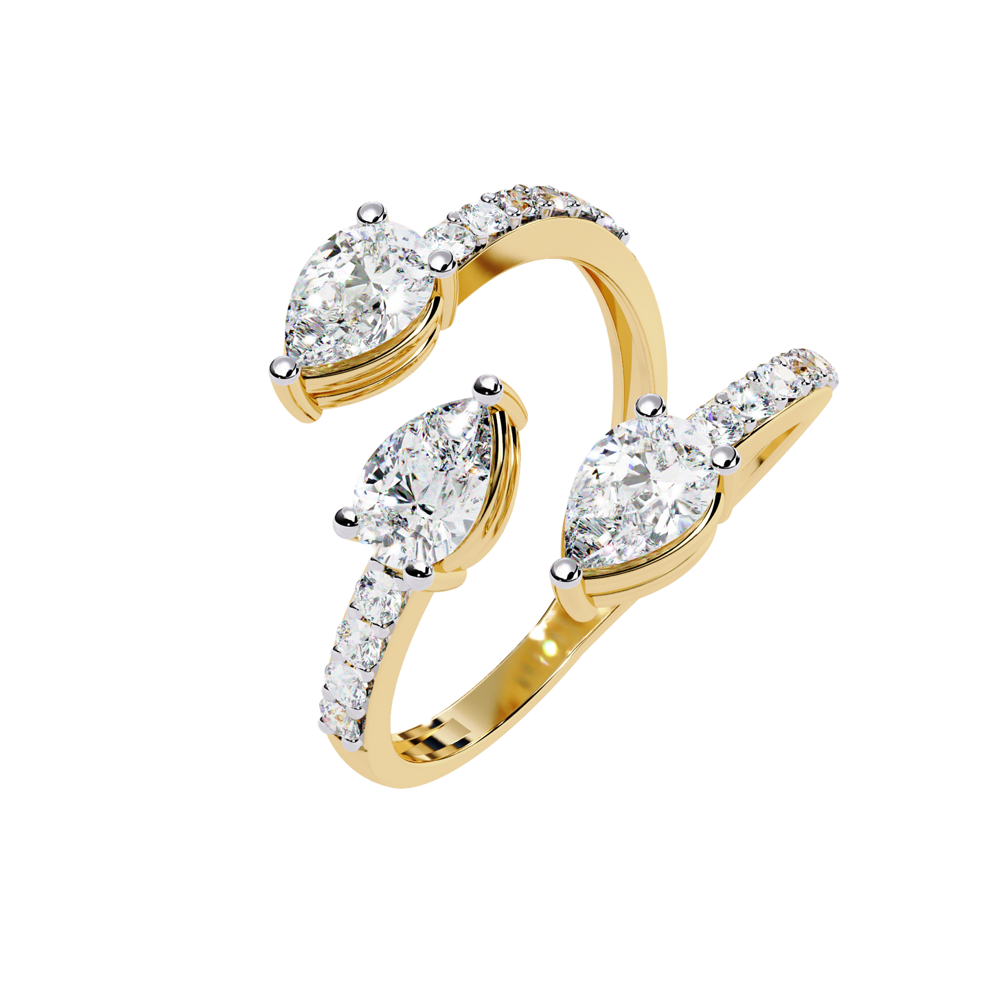 Open-Cuff Three-Stone Pear Diamond Ring In Gold - 1.34 Ct