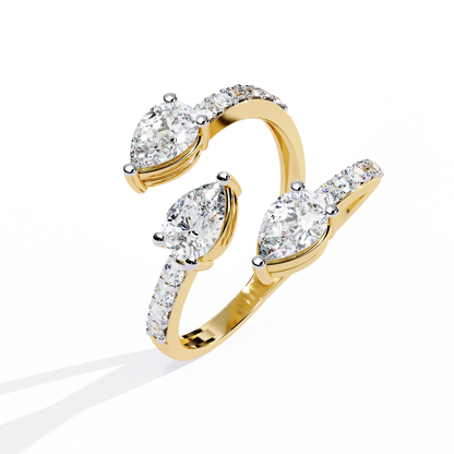 Open-Cuff Three-Stone Pear Diamond Ring In Gold - 1.34 Ct