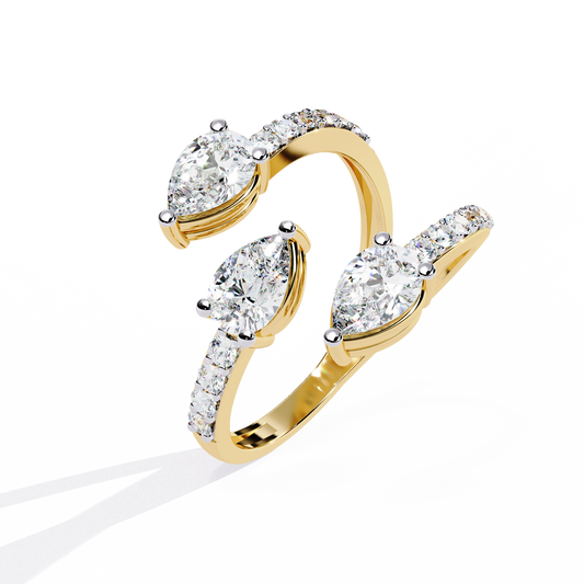 Open-Cuff Three-Stone Pear Diamond Ring In Gold - 1.34 Ct