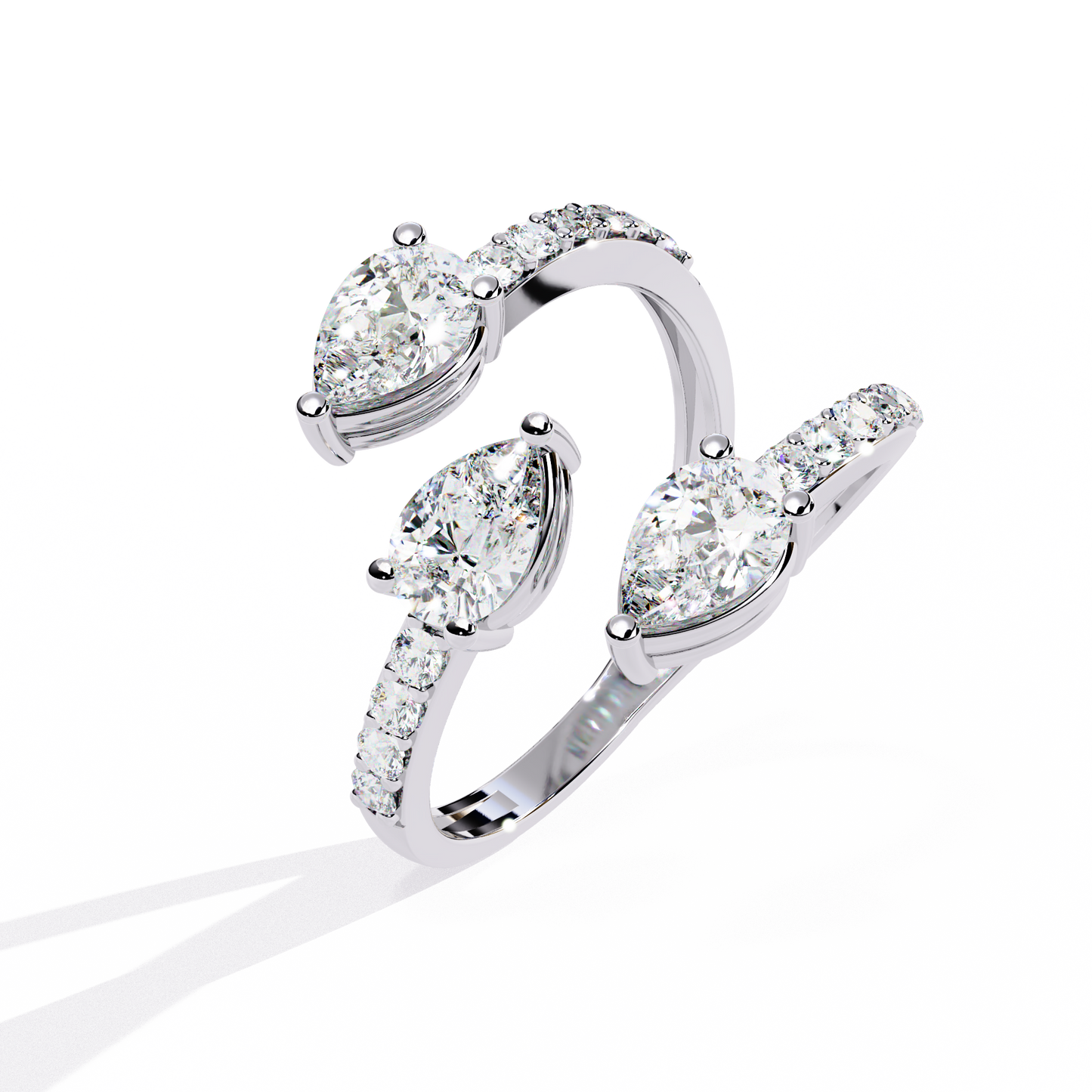 Open-Cuff Three-Stone Pear Diamond Ring In Gold - 1.34 Ct
