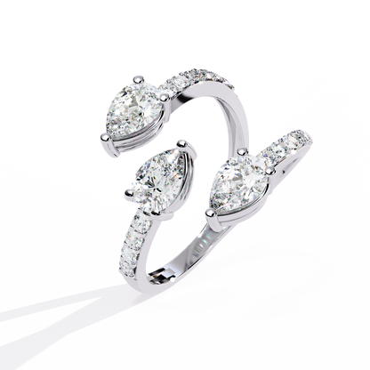 Open-Cuff Three-Stone Pear Diamond Ring In Gold - 1.34 Ct