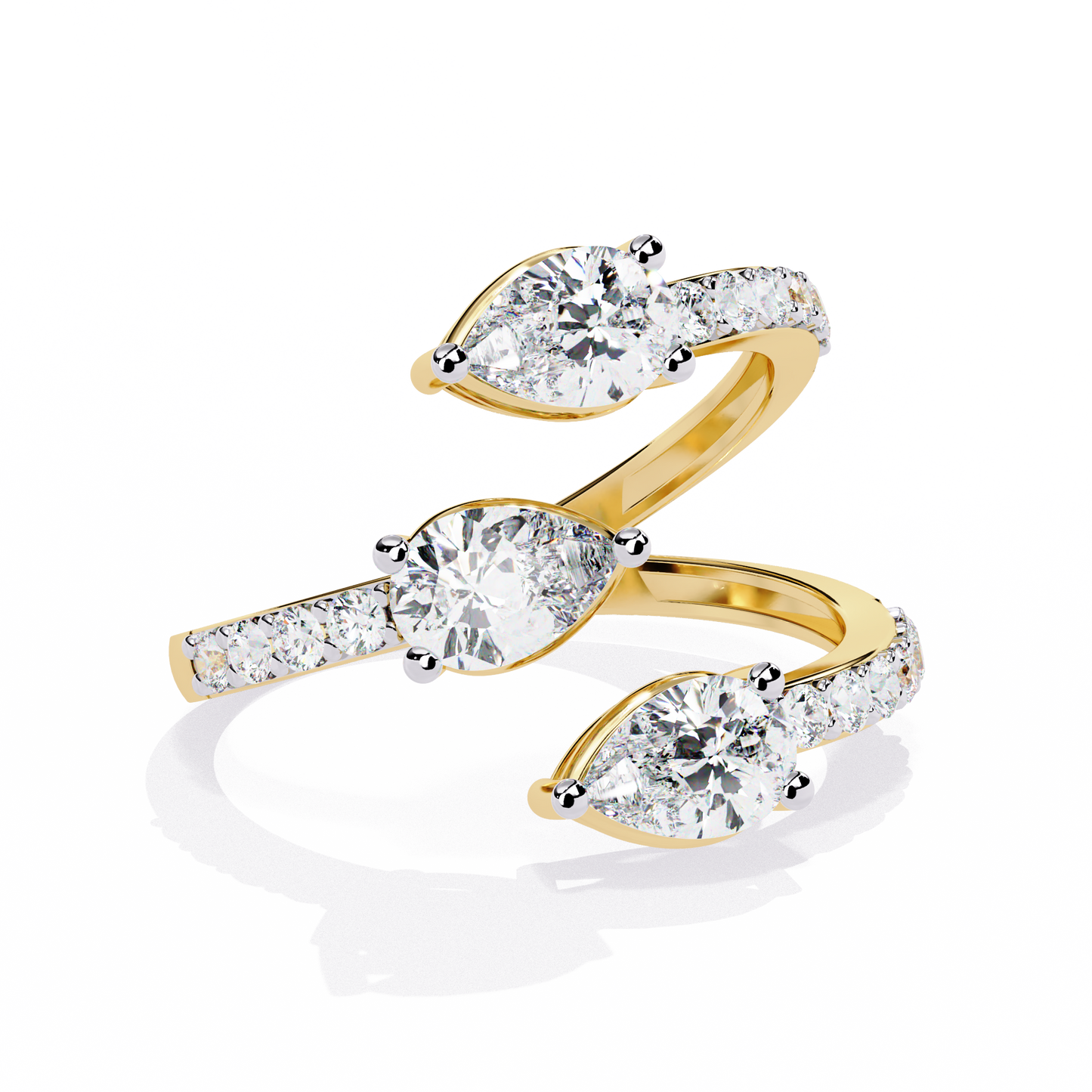 Open-Cuff Three-Stone Pear Diamond Ring In Gold - 1.34 Ct