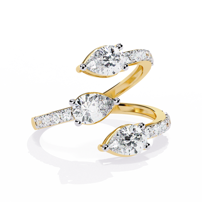 Open-Cuff Three-Stone Pear Diamond Ring In Gold - 1.34 Ct