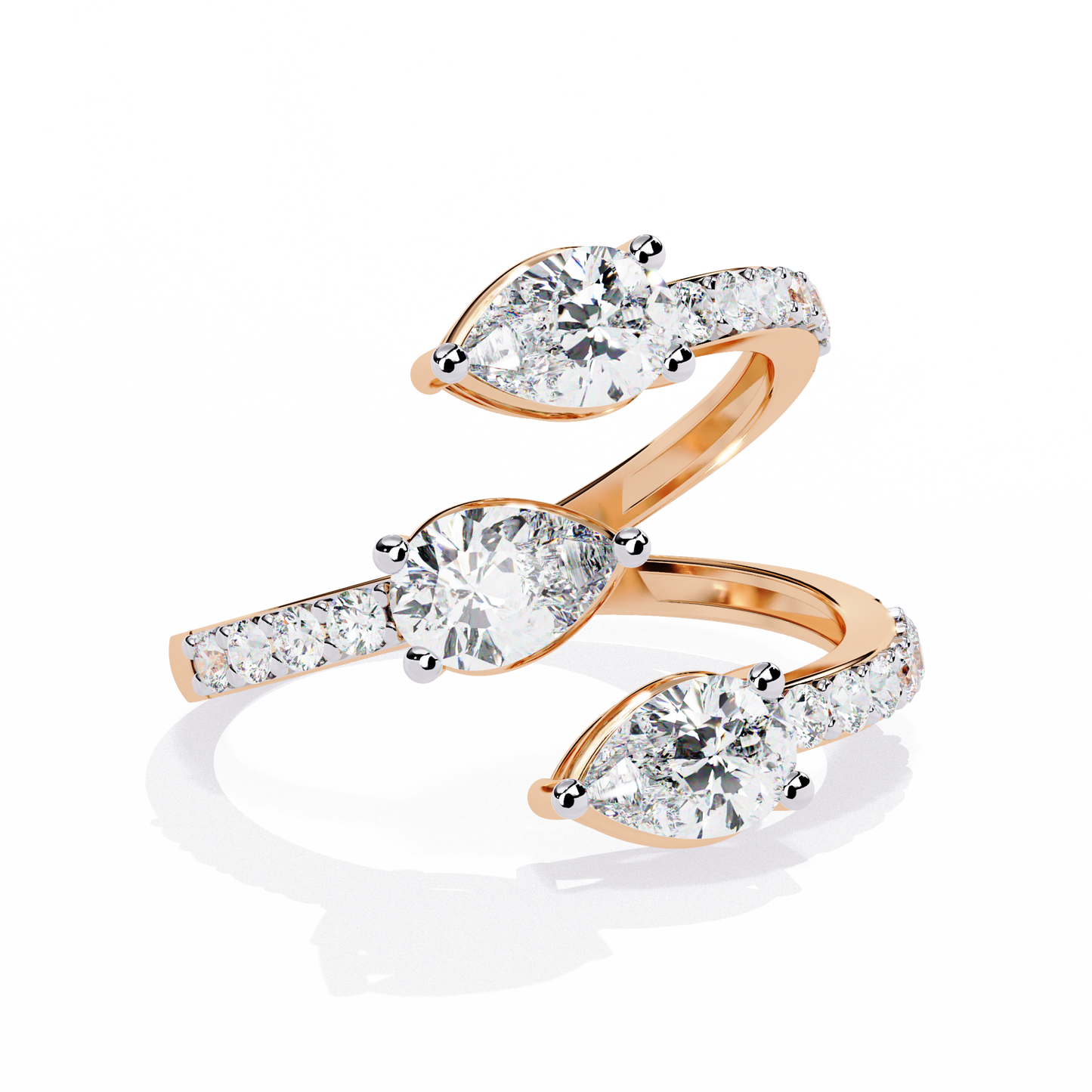 Open-Cuff Three-Stone Pear Diamond Ring In Gold - 1.34 Ct