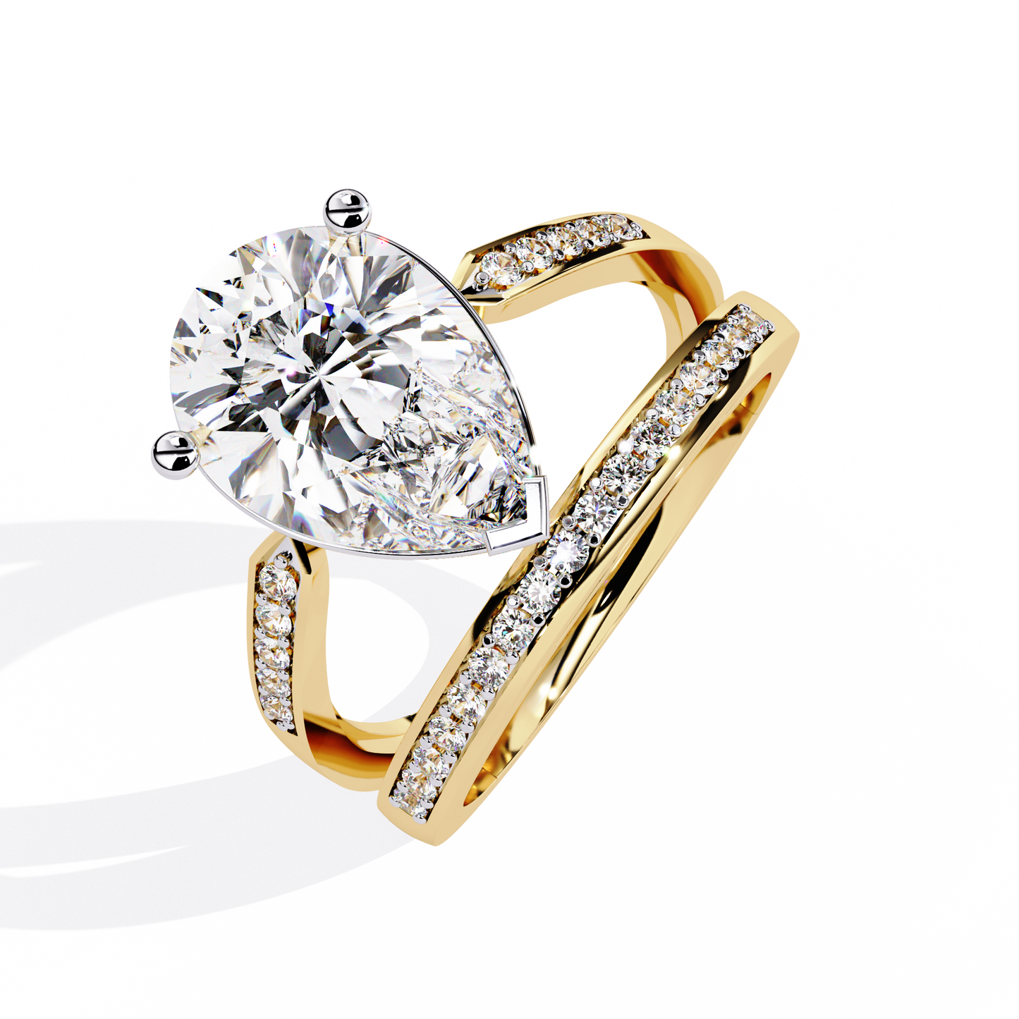 Pear-Shaped Diamond Solitaire with Pave Enhancer Band in Gold - 5.78 Ct