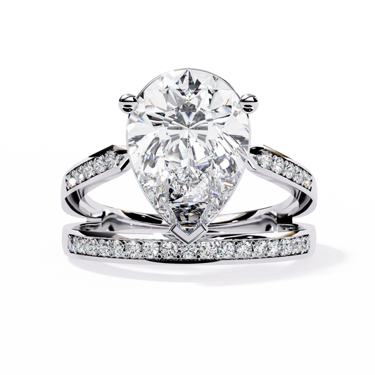 Pear-Shaped Diamond Solitaire with Pave Enhancer Band in Gold - 5.78 Ct