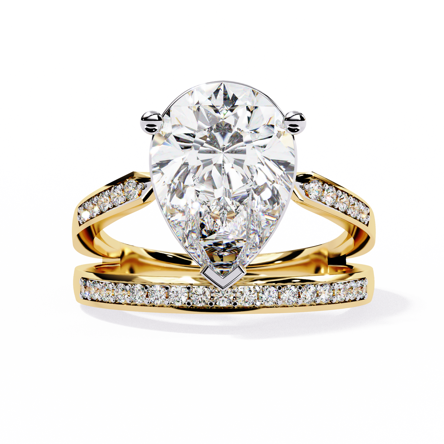 Pear-Shaped Diamond Solitaire with Pave Enhancer Band in Gold - 5.78 Ct