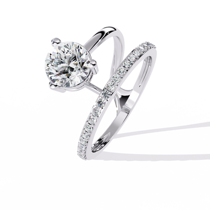 The Classic Embrace: Round Solitaire Engagement & Pave Band Set - 1.51 Ct