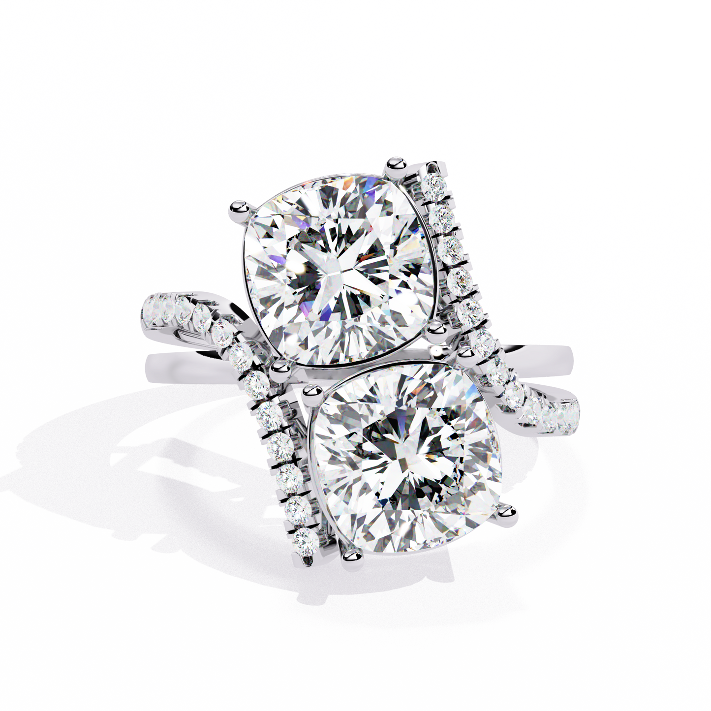 Luxurious Toi Et Moi Bypass Ring with Cushion-Cut Diamonds - 5.04 Ct