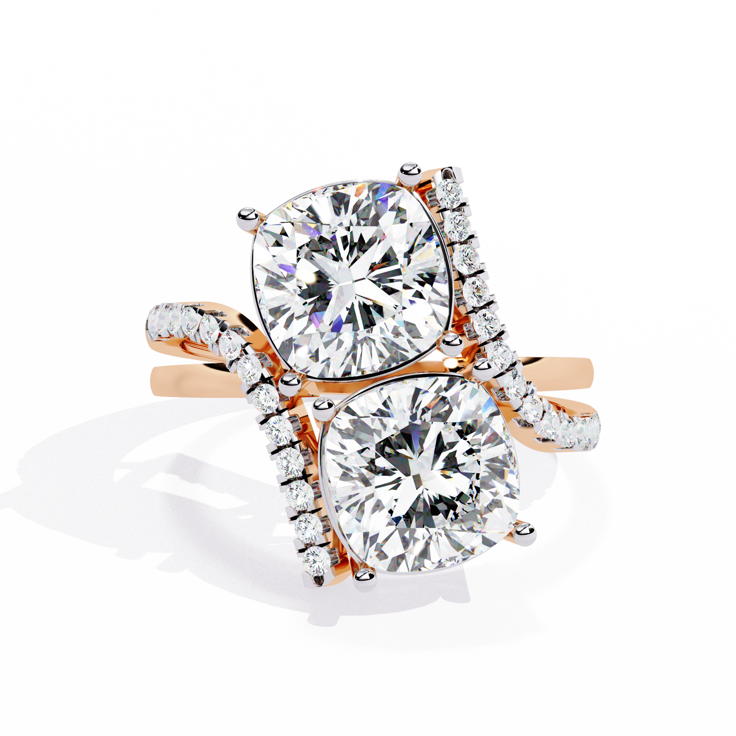 Luxurious Toi Et Moi Bypass Ring with Cushion-Cut Diamonds - 5.04 Ct