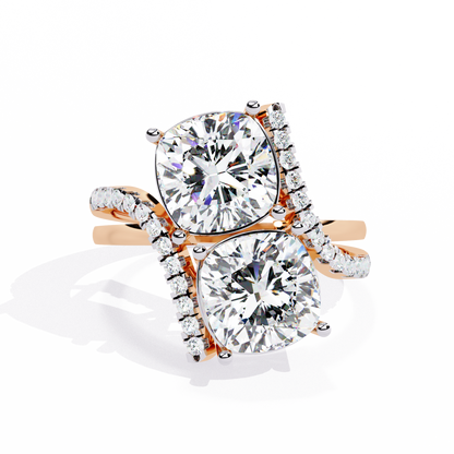 Luxurious Toi Et Moi Bypass Ring with Cushion-Cut Diamonds - 5.04 Ct